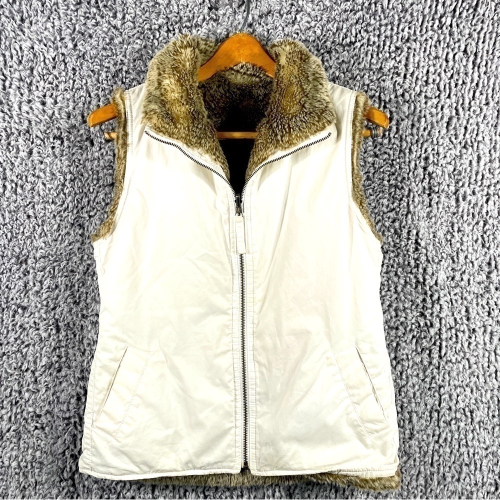 GAP Reversible Faux Fir Vest Women's Size Small Y2K Cream with Brown Fir